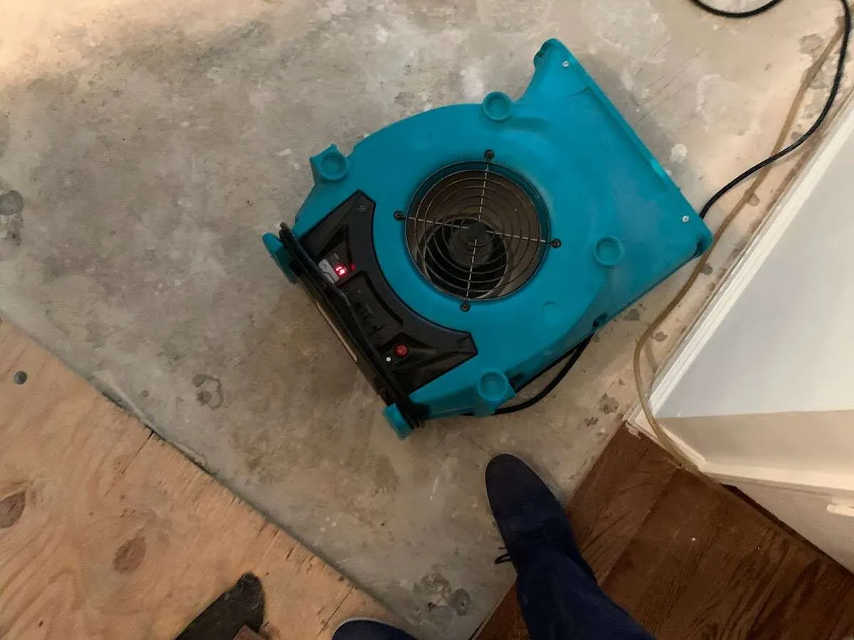 Air mover drying subfloor during Commercial Water Damage Restoration in Round Lake Park